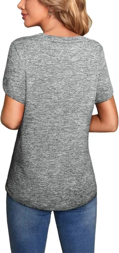 Vista 5 de MISS FORTUNE Camiseta deportiva de manga corta con cuello en V para mujer, manga de pétalo, casual, atlética, absorbe la humedad