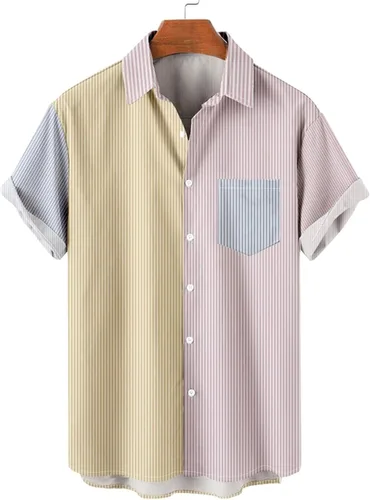Vista 3 de Men's Color Block Button Down Shirts 2026 Summer Short Sleeve Hawaiian Shirt Loose Fit Lightweight Beach Vacation Tops