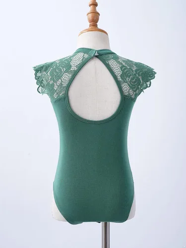 Vista 4 de JEATHA Leotardos de ballet para niñas, camisetas de baile, bailarina, encaje floral, con botones, entrepierna verde ( Bean Green )