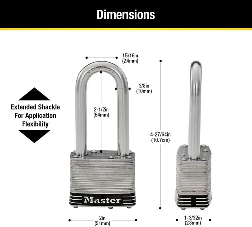 Vista 6 de Master Lock 5SSKADLJ - Candado de vaso de acero inoxidable laminado de 2 pulgadas (2.008 in) de ancho con grillete de 2-1/2 pulgadas (2.520 in)