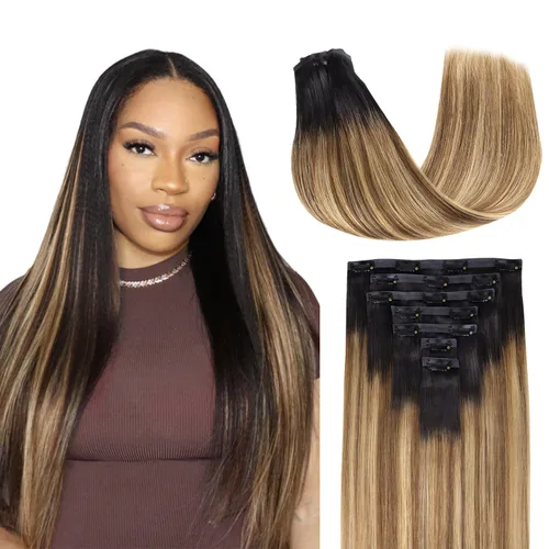 Vista 31 de Lashey Extensiones de cabello humano con clip, sin costuras, #1, color negro azabache, extensiones de cabello humano real, extensiones de cabello