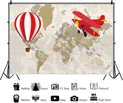 Vista 3 de Laeacco Telón de fondo vintage con mapa del mundo, 5 x 3 pies, poliéster, avión, globo aerostático, fotografía, fotografía, fondo para niños, recién