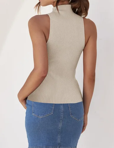 Vista 4 de ZESICA Camisetas sin mangas de verano para mujer, cuello de tortuga, de punto acanalado, ajustadas, básicas, casuales