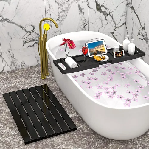 Vista 7 de Domax - Bandeja para tina de bambú extensible para baño de lujo, con soporte para libros y jabonera separada, color negro