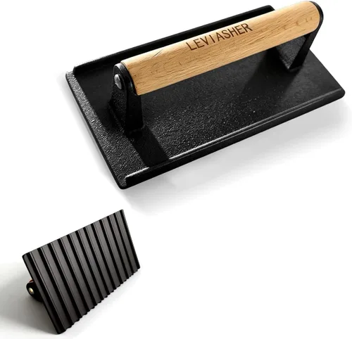 Vista 7 de Paquete de 2.1 libras de peso para carne y hamburguesa, base a rayas, prensa de hierro fundido resistente de 7 x 4 pulgadas con mango de madera