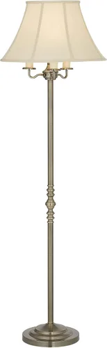 Vista 6 de Regency Hill, lámpara de pie de latón envejecido Montebello Shabby Chic Standing Pole Antique Gold Metal Off White Bell Shade Candelabra Decor for