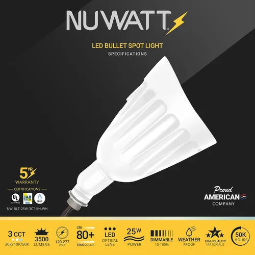 Vista 2 de NUWATT Luz de inundación de bala de 25 W, luces LED de paisaje para exteriores, 3500 LM iluminación exterior brillante para patio, 30K/40K/50K