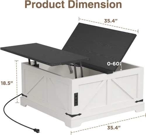 Vista 2 de Mesa de café con almacenamiento, mesa rústica de elevación con centro cuadrado de madera estilo granja con estación de carga, mesas de cóctel