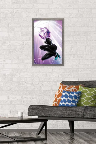 Vista 2 de Marvel Comics Ghost Spider - Póster de pared #1, 22.4 pulgadas de largo x 14.7 pulgadas de ancho, versión enmarcada de madera de granero