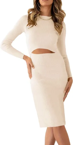 Vista 3 de SHANZHEN Vestido ajustado de manga larga para mujer, casual, a la moda, cuello redondo, recortado, de punto, acanalado, ajustado, vestido de tubo