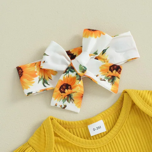Vista 5 de Mubineo Ropa de verano para bebé niña, trajes lindos de manga corta, mameluco de manga corta, vestido con diadema, 3 piezas, traje para recién nacido