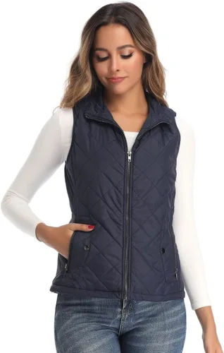 Vista 6 de Chaleco para exteriores de mujer, chaleco acolchado ligero con cremallera y cuello alto.