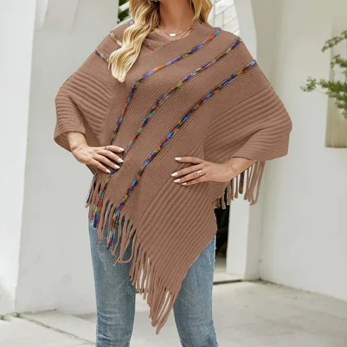 Vista 4 de Poncho de punto elegante para mujer con patrones de rayas y lados con flecos suéter de otoño para mujer