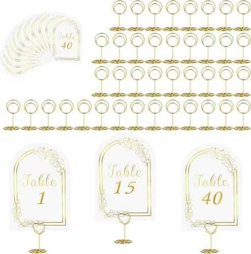 Vista 9 de JOYIT 21 juegos de tarjetas de mesa de boda del 1 al 20 y de la mesa principal con 21 soportes de números de mesas, tarjetas de números de oro negro
