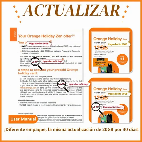 Vista 3 de Orange Holiday Europe Prepaid Sim 20GB Internet Data 30 días de uso Se permite la conexión de datos 30 minutos y 200 SMS de Europa a cualquier