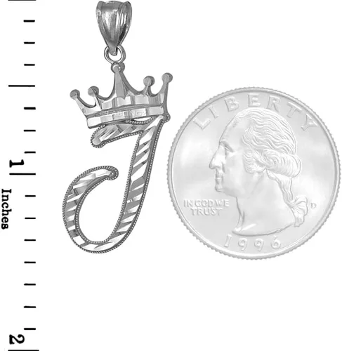 Vista 2 de Collar con colgante de corona cursiva de plata de ley con letra "J