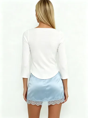Vista 2 de Camiseta de manga 3/4 para mujer, cuello barco, ajuste delgado, manga de A Blanco