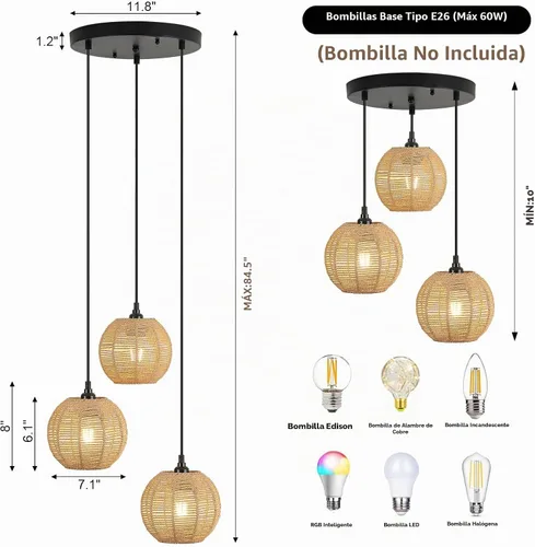 Vista 2 de Lámpara colgante redonda de ratán con 3 luces