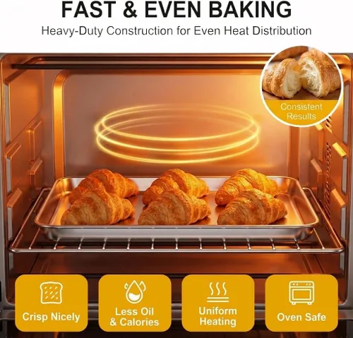 Vista 6 de TeamFar Juego de 2 sartenes para horno tostador, de acero inoxidable, 12.5 x 9.5 x 1 pulgadas, no tóxicas y saludables, sin óxido y acabado espejo
