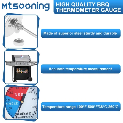 Vista 2 de Termómetro medidor para barbacoa, 2 pulgadas/52mm de acero inoxidable, temperatura de parrilla, indicador de Fahrenheit y calor para ahumador