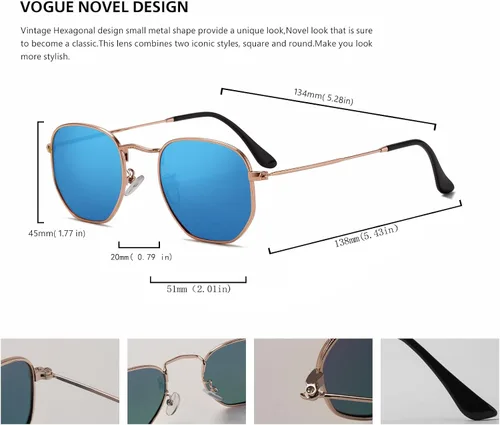 Vista 5 de Hipster. - Lentes de sol polarizados hexagonales para hombre y mujer, diseño geométrico, cuadrados, pequeños, marco de metal vintage, gafas de sol