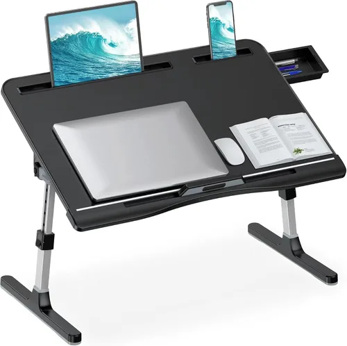 Vista 10 de HETTHI Bandeja de escritorio para cama de laptop, soporte ajustable y resistente para computadora portátil con materiales de primera calidad Negro