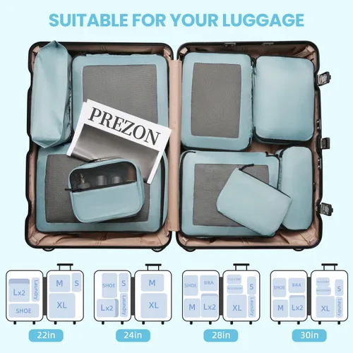 Vista 7 de Cubos de equipaje para viajes, 10 unidades, color verde azulado, organizador de equipaje duradero, 4 tamaños
