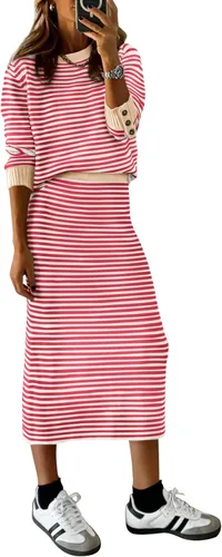 Vista 20 de PRETTYGARDEN - Conjunto de falda de suéter a rayas de 2 piezas para mujer Rayas de albaricoque