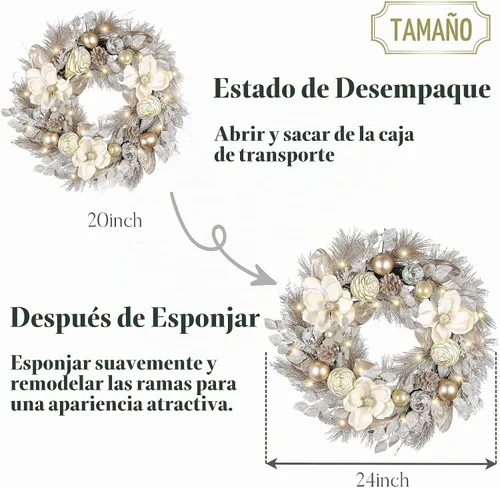 Vista 6 de Valery Madelyn 24" Pre-Lit Large Christmas Wreath for Front Door with Light Corona de Navidad plegable iluminada para exteriores con bolas de Oro