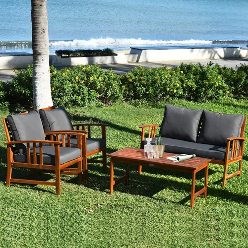 Vista 3 de Tangkula - Juego de muebles de madera de 4 piezas para patio o exteriores, banco, mesa y dos sillas, con cojines