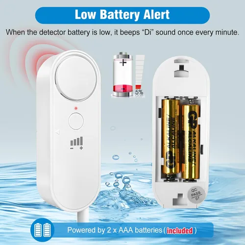 Vista 6 de Daytech Alarma de Sensor de Agua Detector de Fugas – Alerta fuerte de 100 dB, cable de detección de 6.5 pies, 4 niveles de volumen, sensor detector