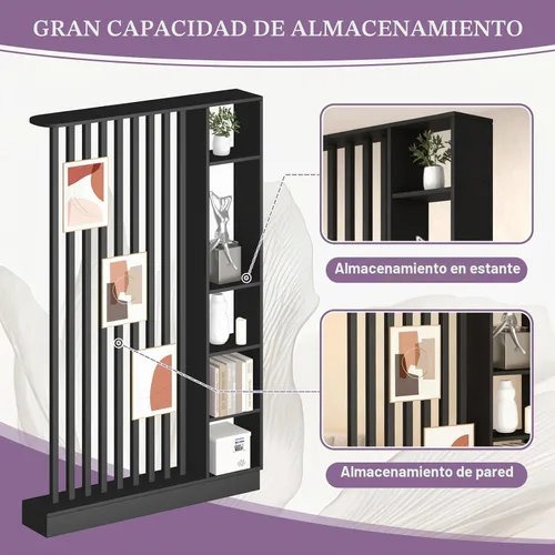 Vista 3 de Divisor de habitación de pared, estante divisor de madera independiente con estantes, pantalla separadora de pantalla divisora con almacenamiento
