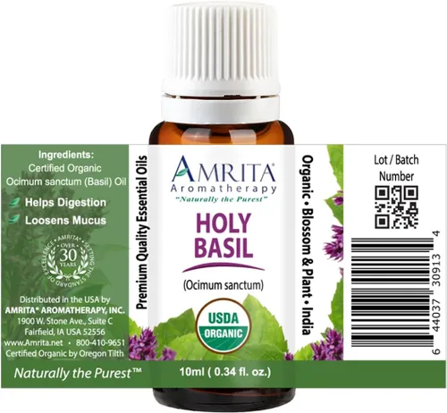 Vista 6 de Amrita Aromatherapy: Aceite esencial orgánico de albahaca sagrada (Tulsi); Ocimum Sanctum 100% puro y sin diluir; aceite de aromaterapia de alta
