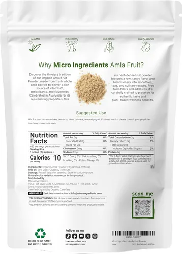 Vista 2 de Micro Ingredients Polvo de amla orgánico (Amalaki) 32 onzas, polvo de grosella espinosa de origen indio, rico en vitamina C, antioxidantes, apoya