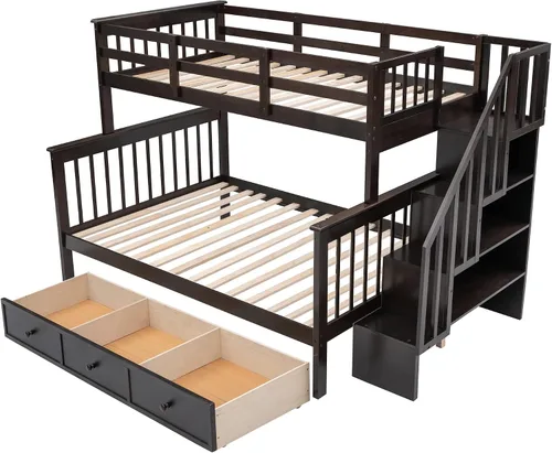 Vista 4 de Litera con cajón, base de litera individual sobre matrimonial con escalera, riel de almacenamiento y protección de seguridad, convertible