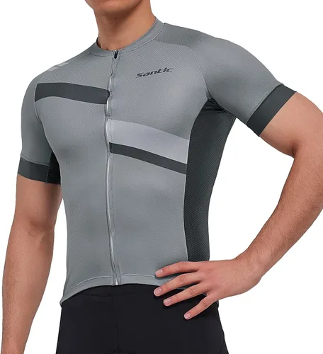 Vista 5 de Santic Camiseta de ciclismo para hombre, manga corta, camiseta de ciclismo de carretera, con cremallera completa, UPF 50+, MTB con bolsillos