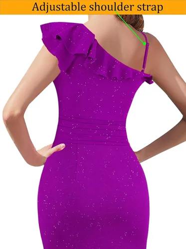 Vista 6 de VFSHOW Vestido largo formal de fiesta con volantes y tirantes de un hombro para mujer, con cuello en V, sexy, para invitadas de boda, vestido largo