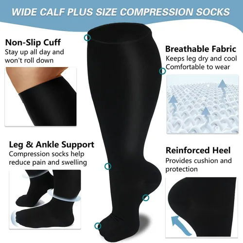Vista 3 de Unnclou 3 pares de calcetines de compresión de talla grande para mujeres y hombres, 15-20 mmHg, extra grandes hasta la rodilla, medias de soporte