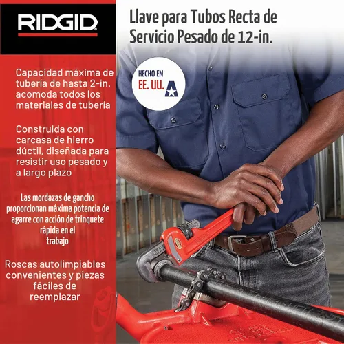 Vista 3 de RIDGID 31015 - Llave de tubería recta de alta resistencia, llave de fontanería resistente de 12 pulgadas con hilos autolimpiantes y mordazas