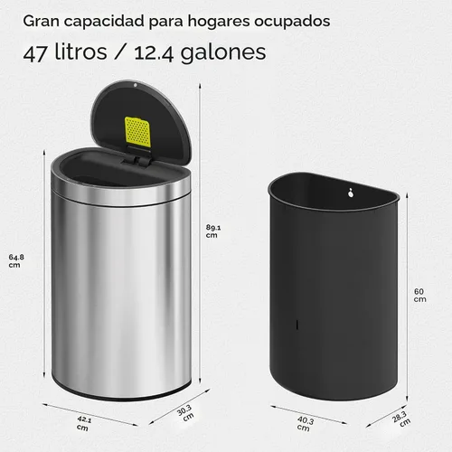 Vista 3 de EKO Mirage - Bote de basura semicircular con sensor de movimiento, de 12.4 galones, grande, automático para cocina con compartimento desodorante