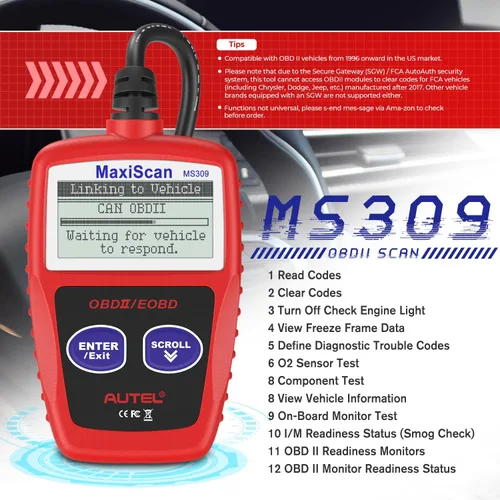 Vista 2 de Autel OBD2 Escáner MS309 Universal para Coche, Lector de Códigos de Fallas del Motor, Comprueba la Luz de Verificación del Motor y el Estado