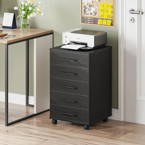 Vista 2 de HOOBRO Archivador de 5 cajones, gabinete de oficina con cajones, gabinete de almacenamiento de madera con ruedas para maquillaje, oficina en casa