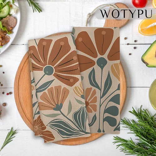 Vista 2 de Groovy - Juego de 2 toallas de cocina vintage bohemias, florales naranjas y verdes, estilo retro de los años 70, diseño botánico botánico