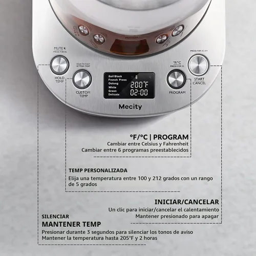 Vista 5 de Mecity Tetera eléctrica de vidrio de borosilicato con control de temperatura e infusor - Pantalla LCD y programas de preparación preestablecidos