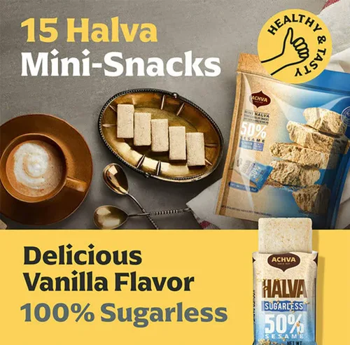 Vista 2 de Achva Kosher - Mini barras Halva sin azúcar, bolsa de aperitivos de 15 unidades cada barra 0.35 onzas de peso neto 5.3 onzas (paquete de 2)