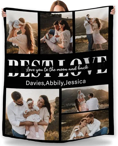 Vista 14 de Manta personalizada con foto, fabricada en Estados Unidos, 5 fotos, mantas personalizadas con imágenes propias para papá, mamá, familia, niños