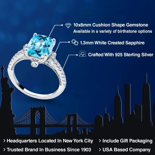 Vista 2 de Gem Stone King Anillo de compromiso de topacio azul suizo y zafiro blanco de 4.00 quilates para mujer, juego en plata de ley 925, corte cojín