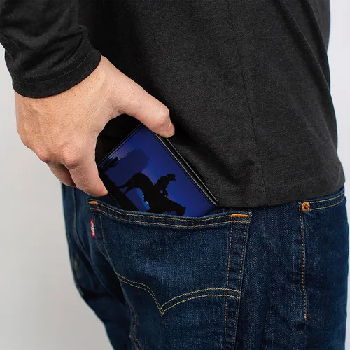 Vista 6 de Buckle-Down Billetera para hombre, plegable, siluetas de coyote vaquero, paisaje occidental, azul, negro, cuero vegano, 4.0 x 3.5 pulgadas, Cowboy