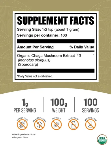 Vista 2 de BulkSupplements. com Polvo orgánico de extracto de hongo Chaga - Polvo orgánico de Chaga, suplemento de hongos, sin gluten, 0.04 oz por porción, 100