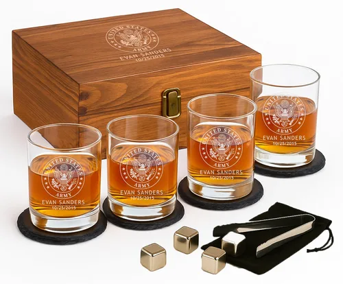 Vista 9 de Juegos Personalizados Militares - Decantador Grabado Personalizado y 4 Vasos de Scotch - Ejército, Marina, Fuerza Aérea, Guardia Costera - Servicio